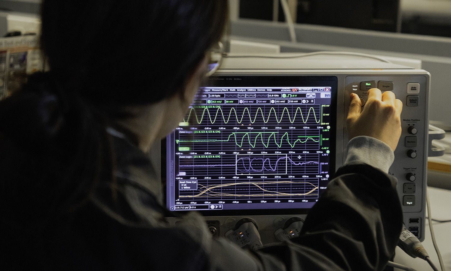 data center with neon pink and blue lights